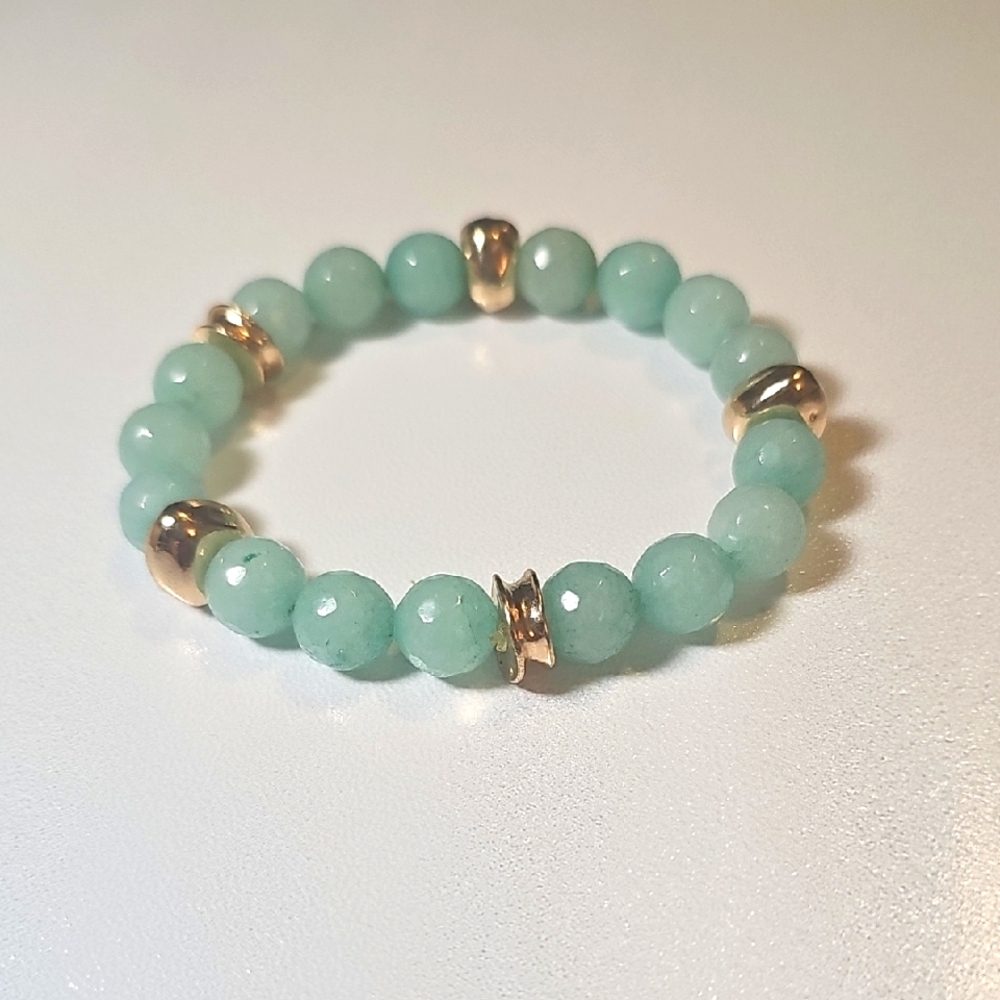 Elegant Genuine Aventurine Stretchy Beaded  Bracelet with Gold Accents.